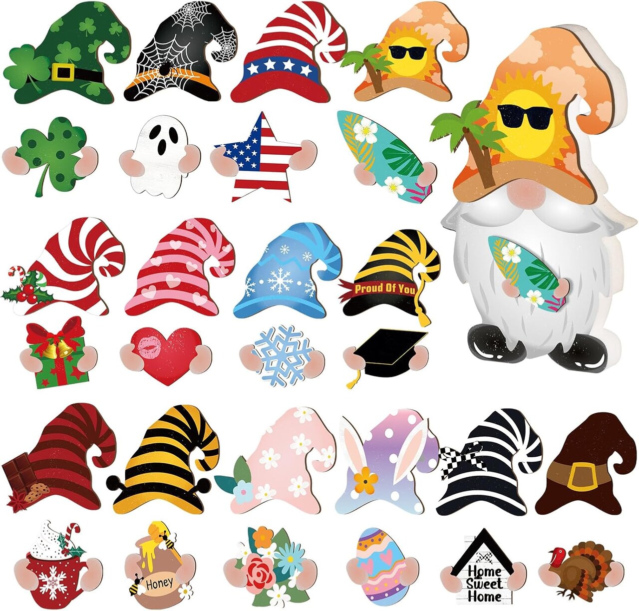 31-Pc Interchangeable Wooden Gnome Decor – DIY Holiday Tiered Tray Decoration with Magnets, Christmas, Fall, Halloween, Thanksgiving, Easter Seasonal Gnome Welcome Sign (Black and White)
